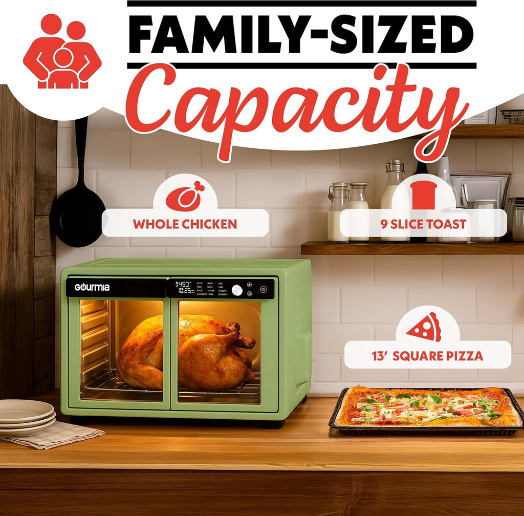 Gourmia French Door Air Fryer Oven - 37 Qt Large Capacity Convection Toaster Oven, FryForce 360°, Digital Display, 12 Cooking Presets, Dehydrate, Fits 13' Pizza, Dishwasher-Safe, Green