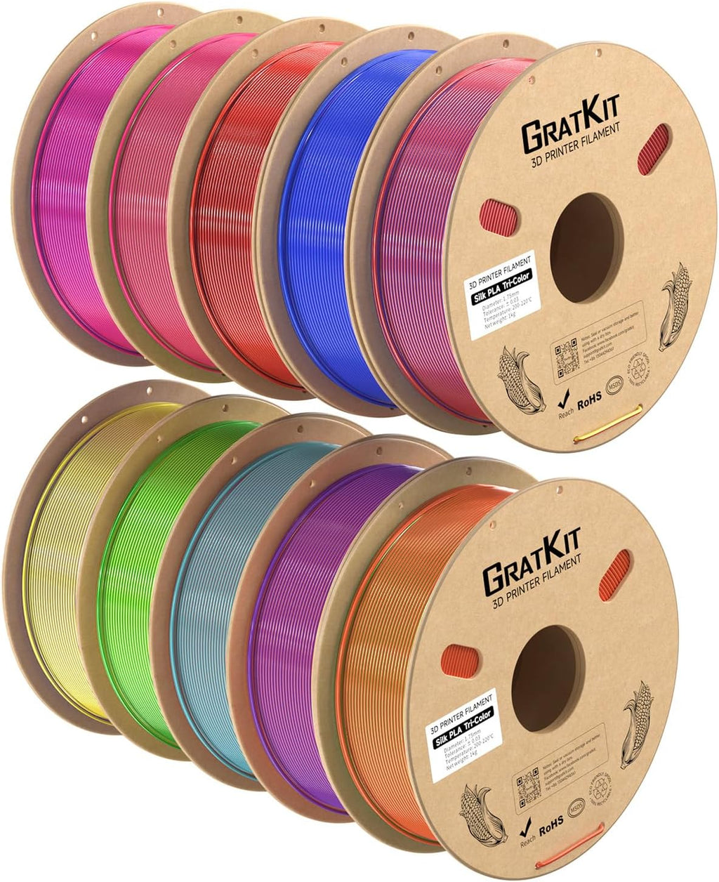 Gratkit Silk Tri-Color PLA Filament，Coextrusion PLA Filament 1.75mm, +/-0.03mm, 10 * 1KG/Roll, Silk PLA 10KG Bundle Multicolor