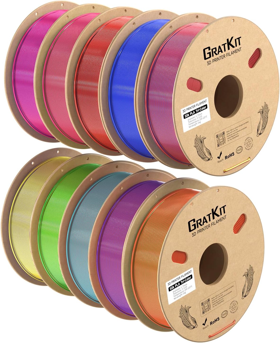 Gratkit Silk Tri-Color PLA Filament，Coextrusion PLA Filament 1.75mm, +/-0.03mm, 10 * 1KG/Roll, Silk PLA 10KG Bundle Multicolor