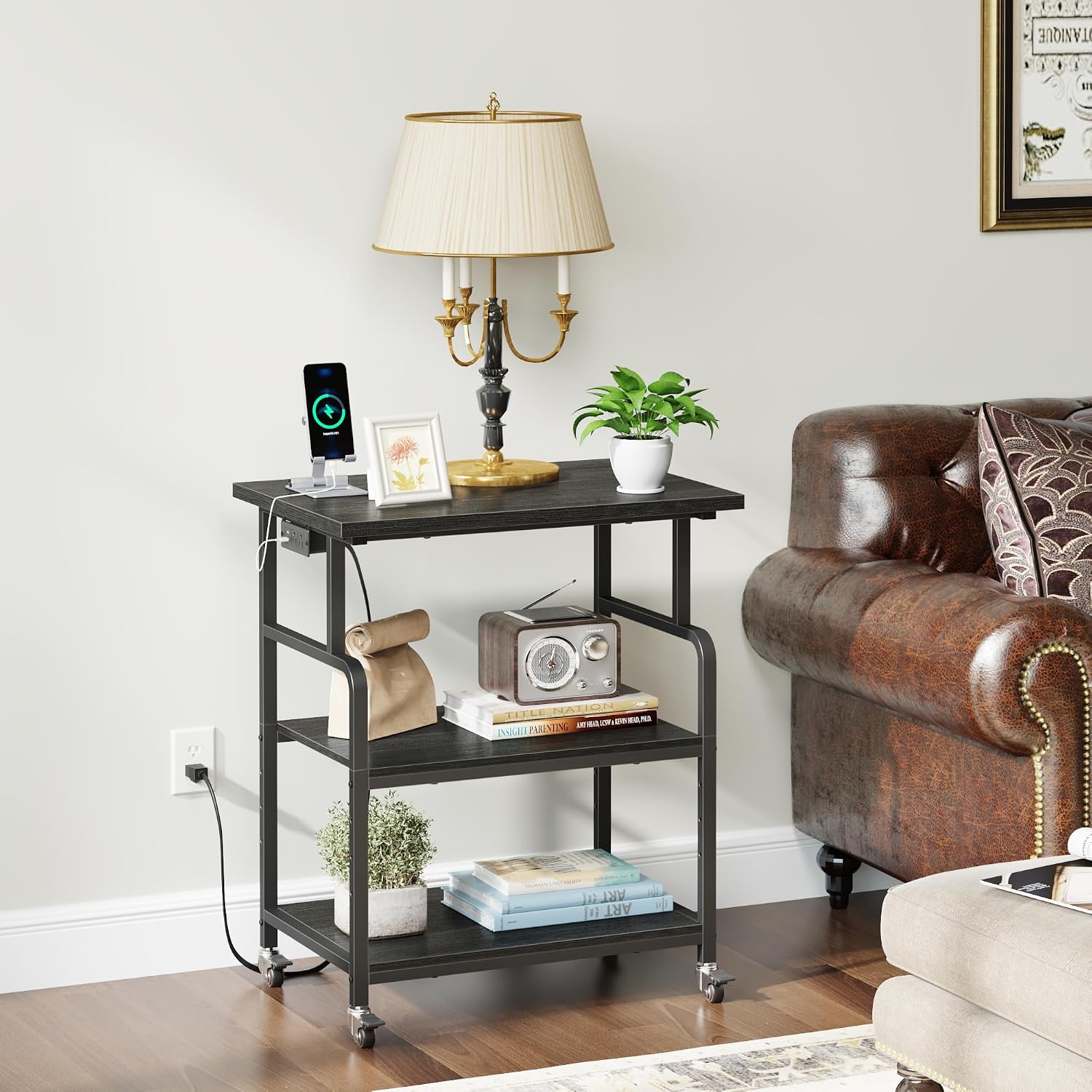 YAOHUOO 3 Tier Large Printer Stand with Power Outlet/Adjustable Storage Shelf, Rolling Cart with Wheels, Printer Table for Home Office 3D Printer/Heat Press/Laster, 23.6'×19.6' Black