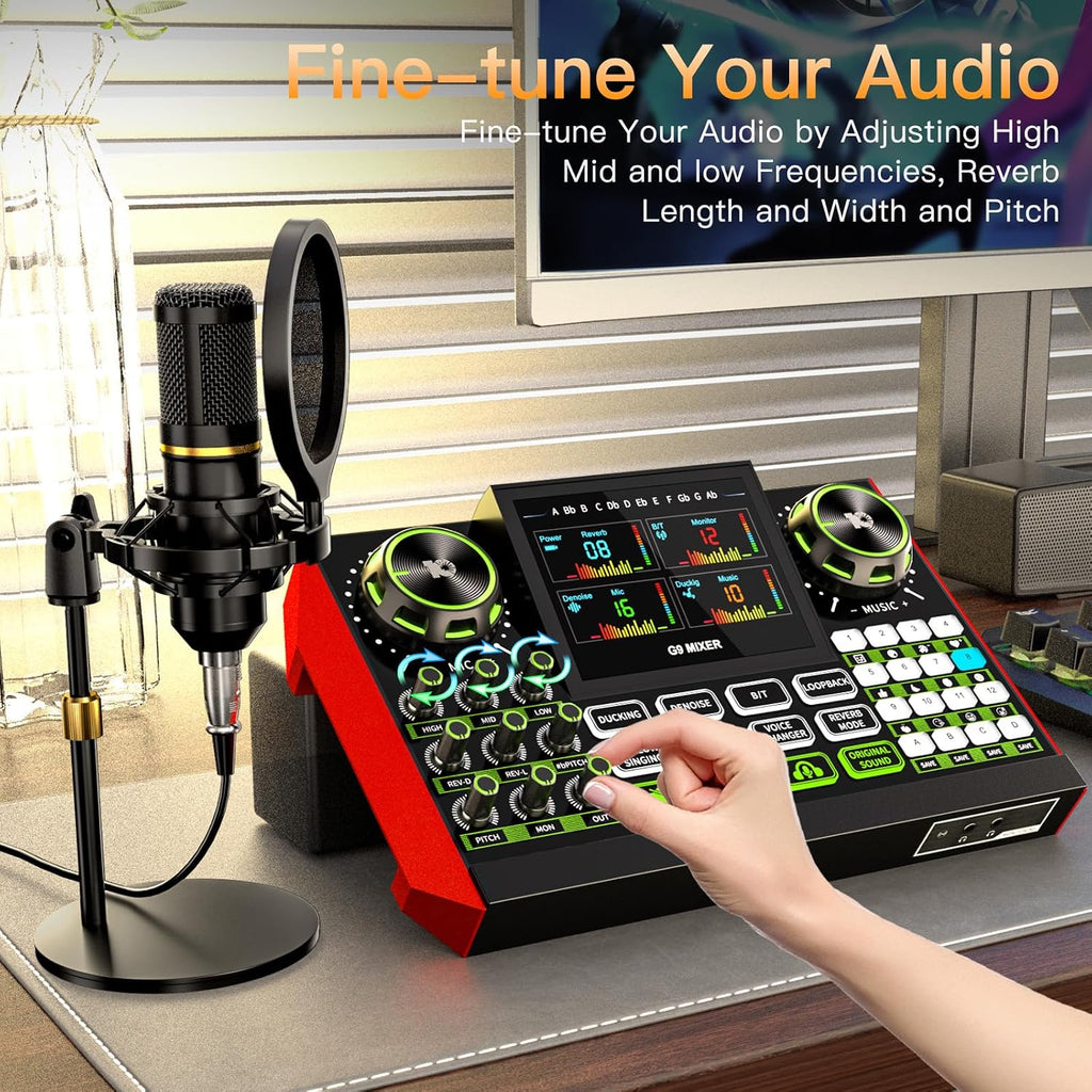 G9 Podcast Microphone Bundle with Live Sound Card Audio Mixer, Podcast Equipment Bundle Sound Board with 3.5mm Condenser Microphone for Pc/Phone Live Streaming Singing Gaming,Voice Changer, Denoise