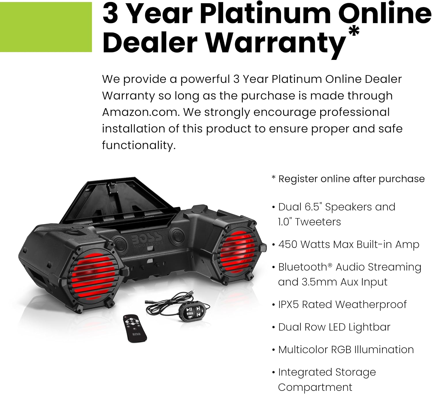 BOSS Audio Systems ATV30BRGB ATV Speaker System - 6.5 Inch Speakers, 1 Inch Tweeters, Built-in Amplifier, Bluetooth, Multi-Color Illumination