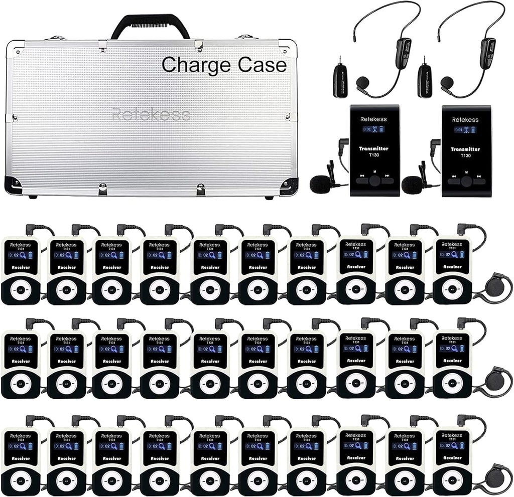 Retekess T130 Tour Guide System, Tour Guide Headsets with 2 Wireless Mic, 32-Slot Charge Case, Assistive Listening System for Church,School(2 Transmitters 30 Receivers)