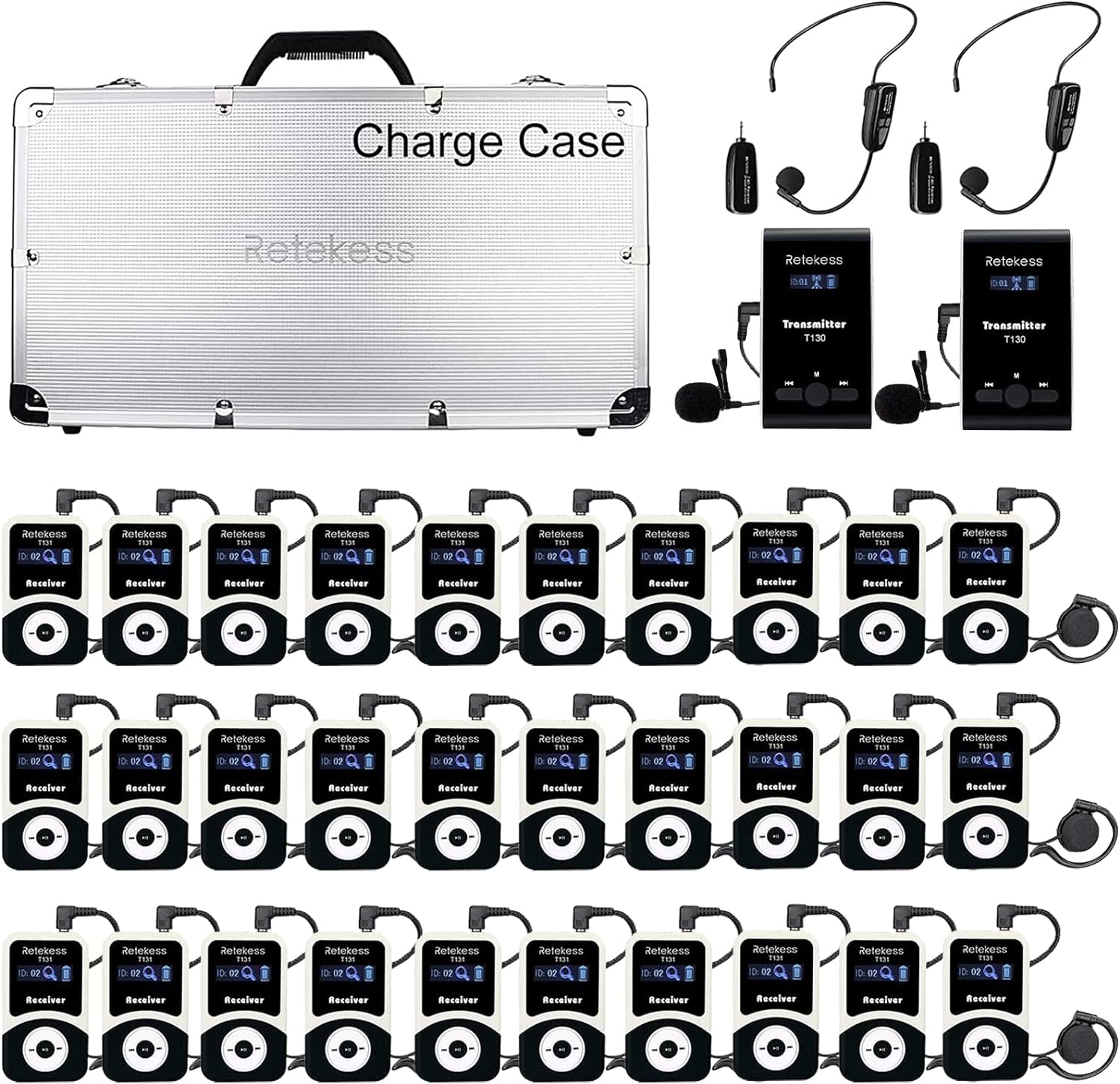 Retekess T130 Tour Guide System, Tour Guide Headsets with 2 Wireless Mic, 32-Slot Charge Case, Assistive Listening System for Church,School(2 Transmitters 30 Receivers)