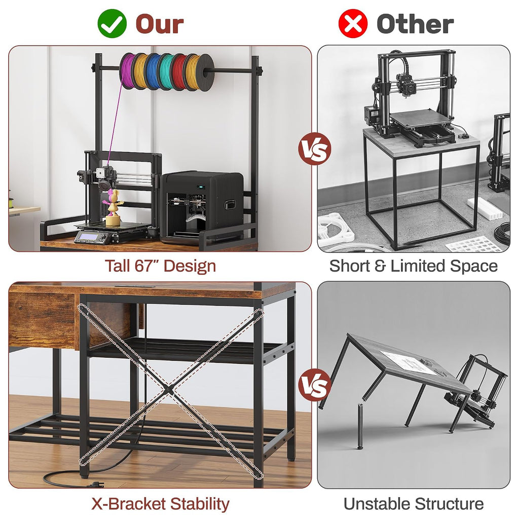 3D Printer Stand with Filament Storage – Tall 66' Heavy Duty Metal 3D Printer Table with Power Hub, Drawer & X-Bracket Stability for Workshop, Studio, Office