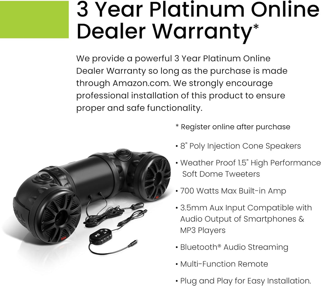 BOSS Audio Systems ATV85B ATV Speaker System - 8 Inch Speakers, 1.5 Inch Tweeters, Full Range Audio, Built-in Amplifier, Bluetooth Remote