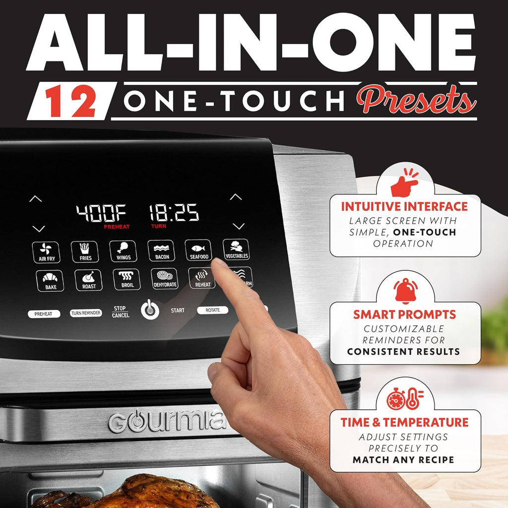 Gourmia Air Fryer - 14 Qt All-in-One Rotisserie Oven with Digital Display, 12 Presets, Roast, Bake, Broil, Dehydrate, Dishwasher Safe Accessories, Stainless Steel
