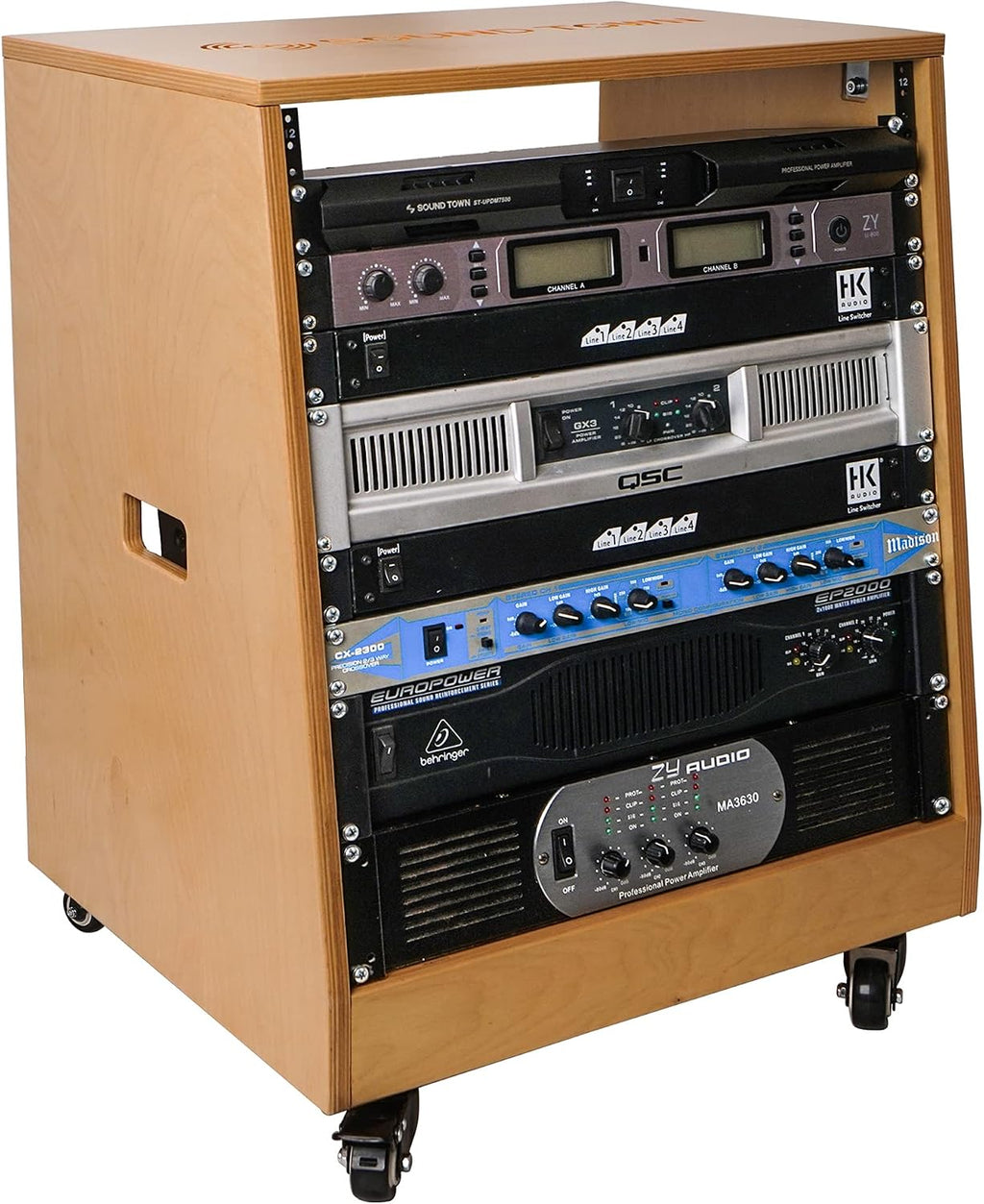 Sound Town DIY Solid Baltic Birch Plywood Slanted 12U Studio Rack, Golden Oak, Rubber Feet, Casters (SDRK-12T)