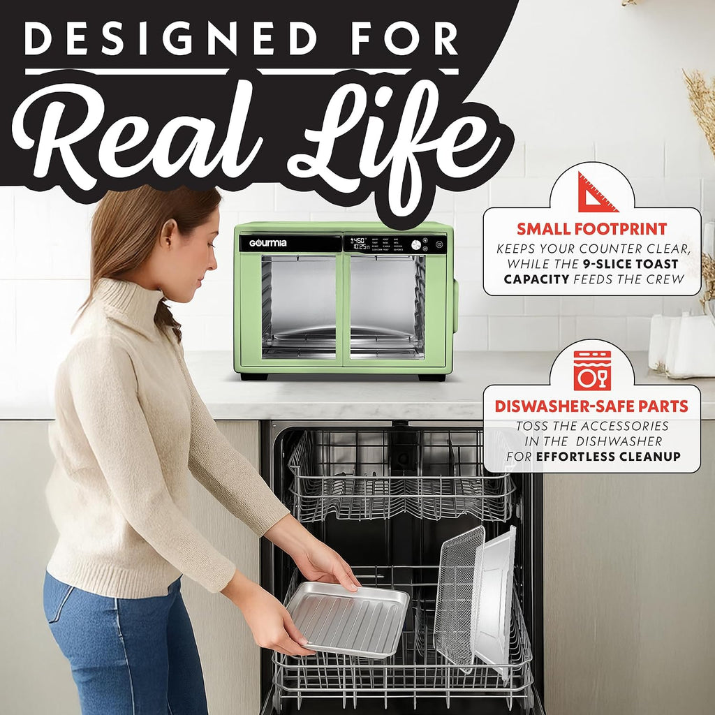 Gourmia French Door Air Fryer Oven - 37 Qt Large Capacity Convection Toaster Oven, FryForce 360°, Digital Display, 12 Cooking Presets, Dehydrate, Fits 13' Pizza, Dishwasher-Safe, Green