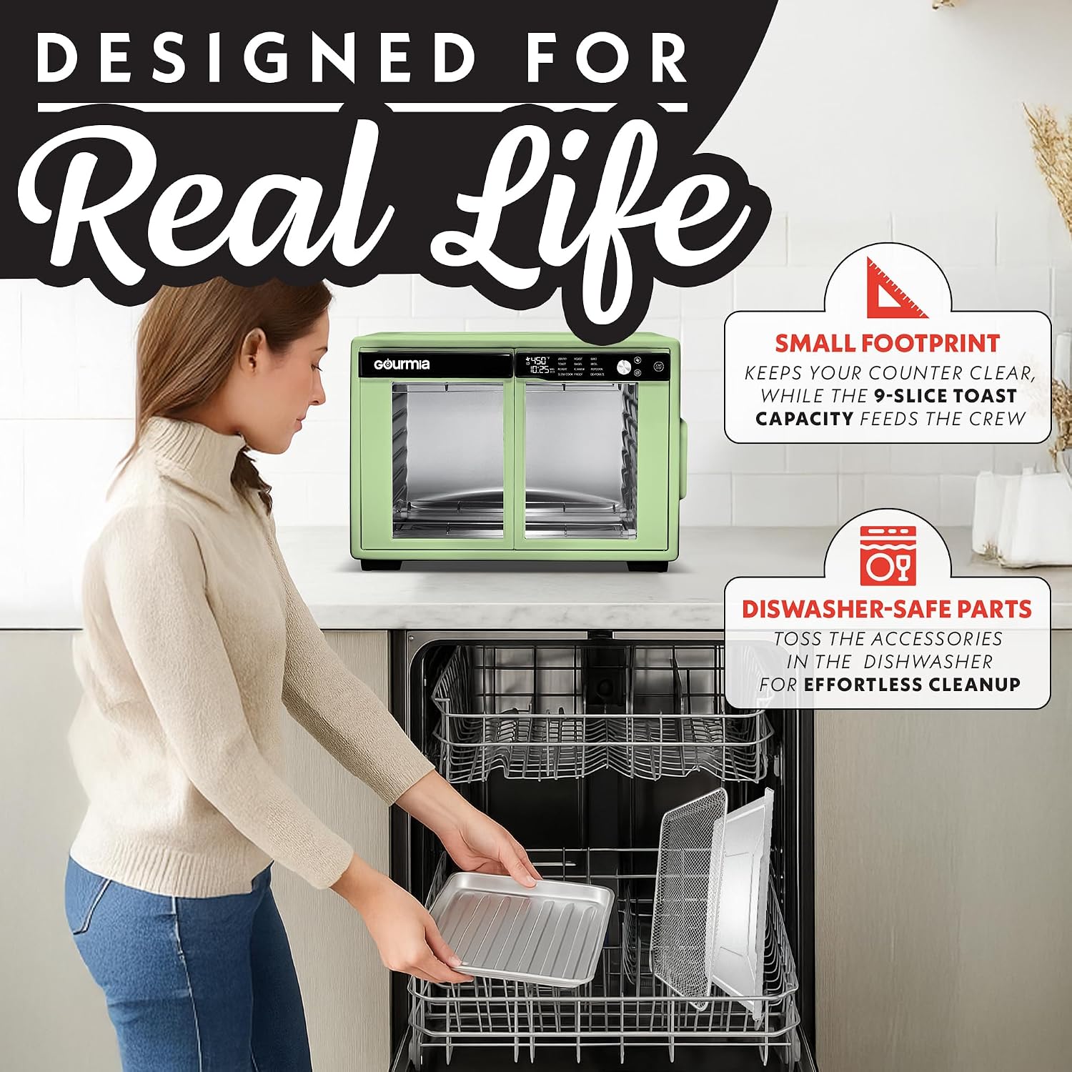 Gourmia French Door Air Fryer Oven - 37 Qt Large Capacity Convection Toaster Oven, FryForce 360°, Digital Display, 12 Cooking Presets, Dehydrate, Fits 13' Pizza, Dishwasher-Safe, Green