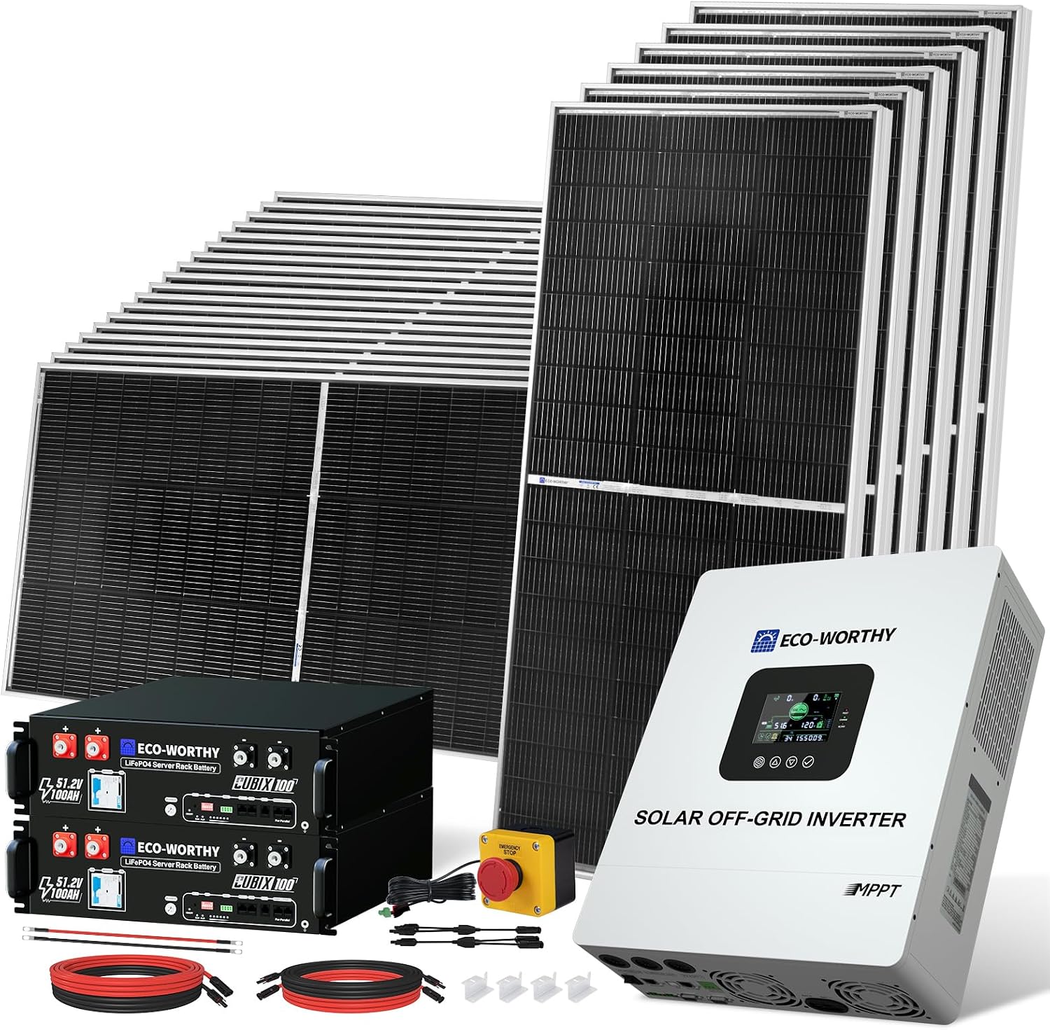 ECO-WORTHY Complete Off-Grid Solar Kit：5000W 120V/48VDC Solar Off-Grid Inverter+10.24kWh Integrated Communication Battery Bank+24×195W Mono Solar Panels | Off Grid, Residential, Home, Back Up