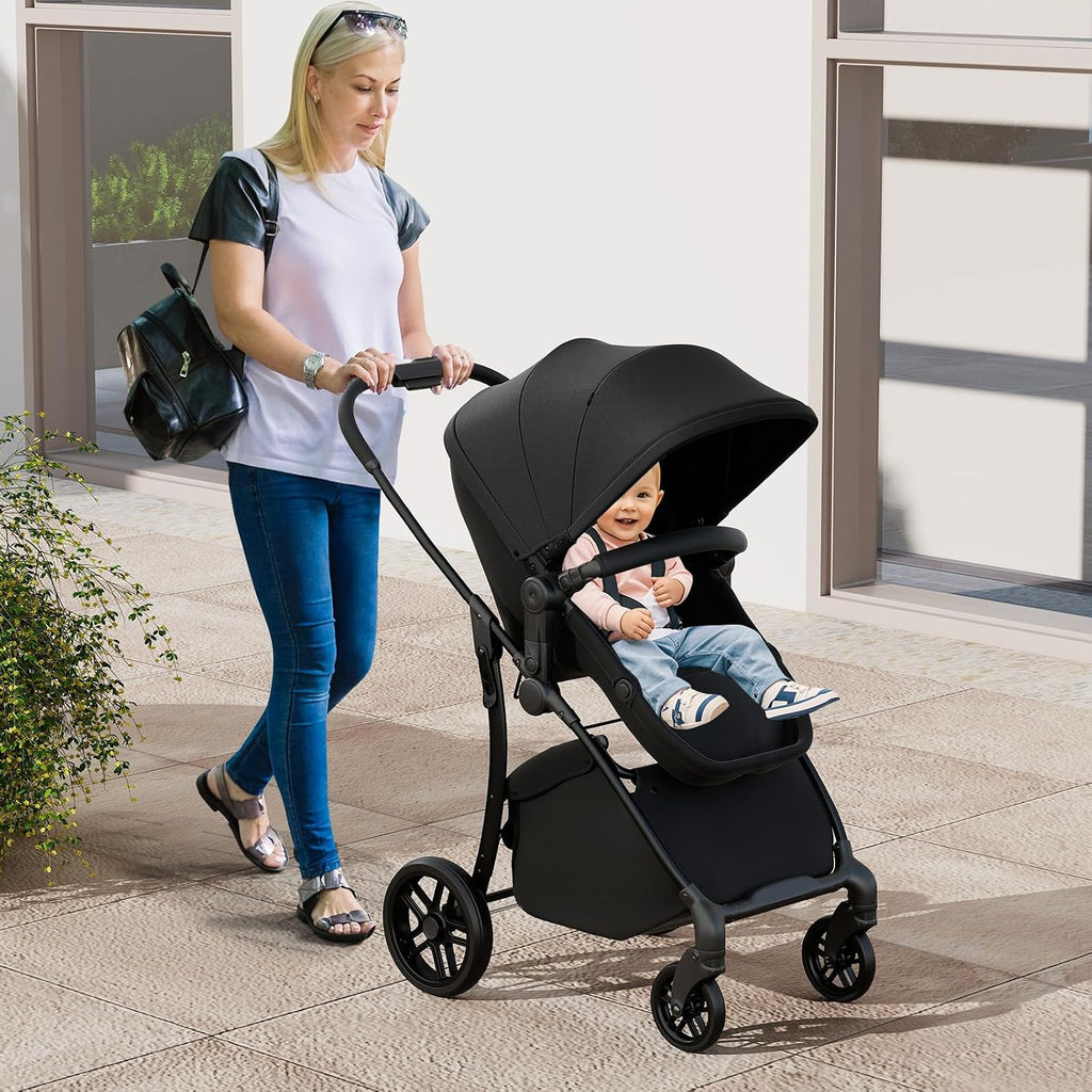 BABY JOY 2 in 1 Baby Stroller, High Landscape Convertible Bassinet Stroller with Reversible Seat, Adjustable Backrest & Canopy, Foldable Pushchair Pram Stroller for Newborn Toddler 0-36 Months (Black)