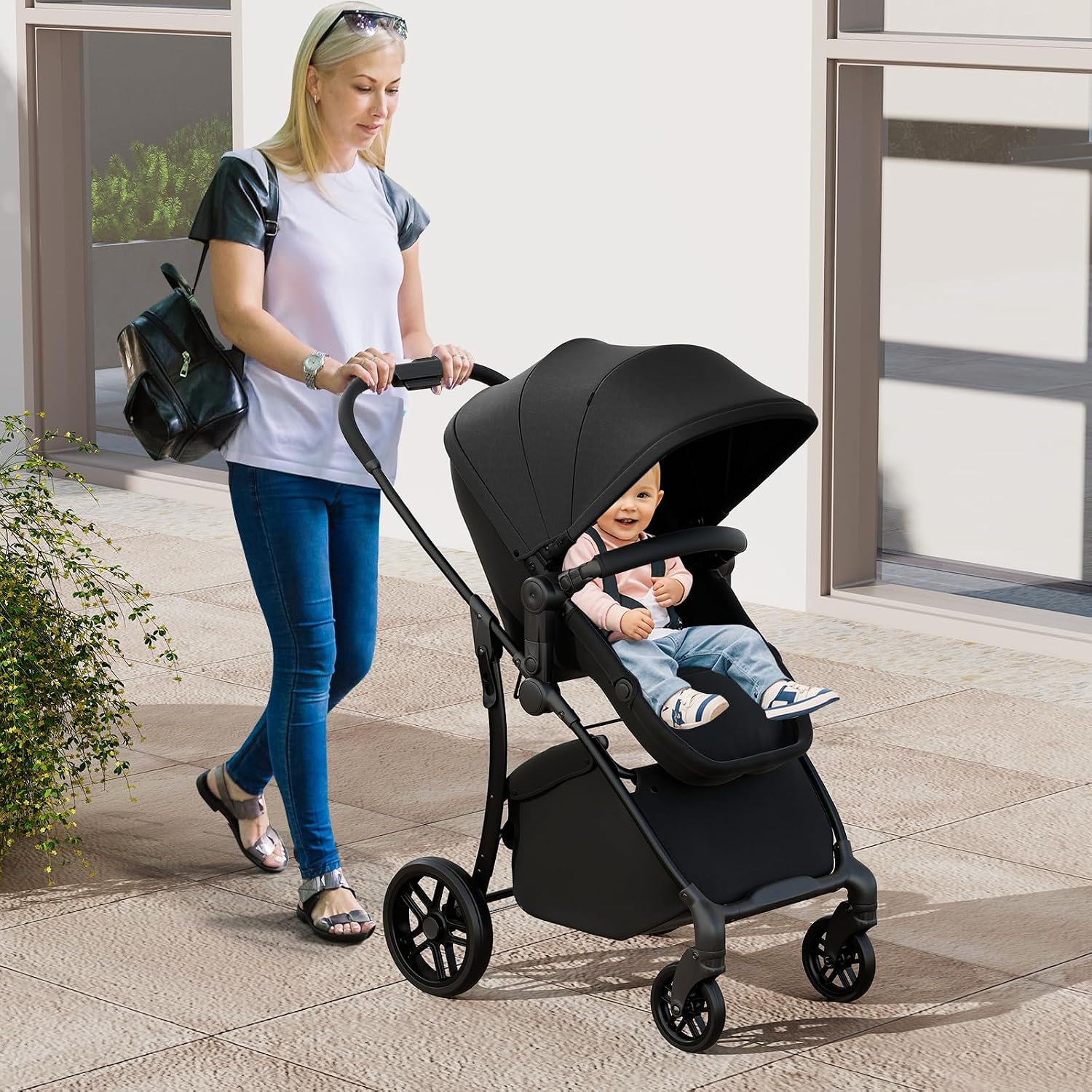 BABY JOY 2 in 1 Baby Stroller, High Landscape Convertible Bassinet Stroller with Reversible Seat, Adjustable Backrest & Canopy, Foldable Pushchair Pram Stroller for Newborn Toddler 0-36 Months (Black)