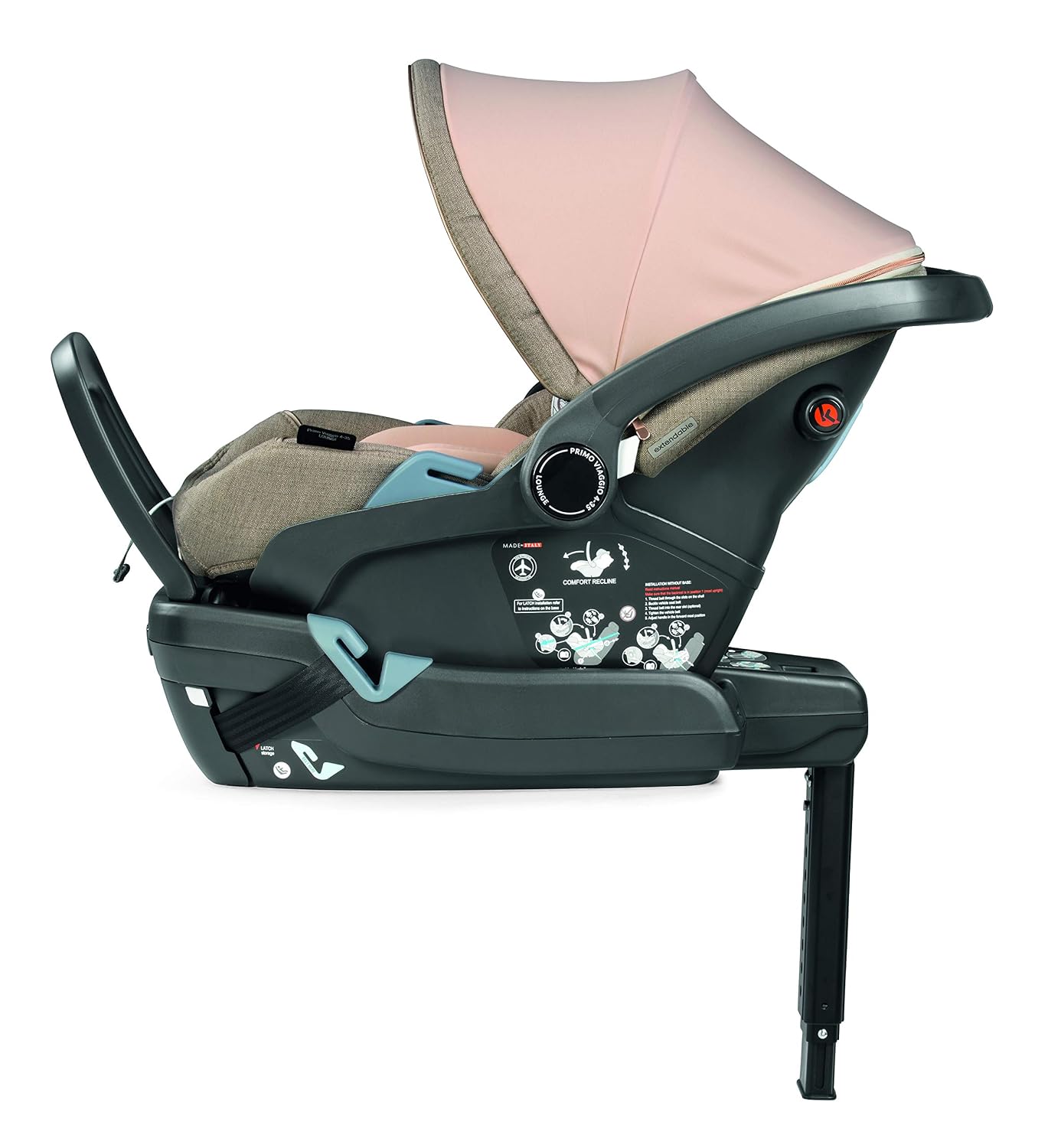 Peg Perego Primo Viaggio Lounge - Reclining Rear Facing Infant Car Seat - Includes Base with Load Leg & Anti-Rebound Bar - for Babies 4 to 30 lbs - Made in Italy - Mon Amour (Pink & Beige)