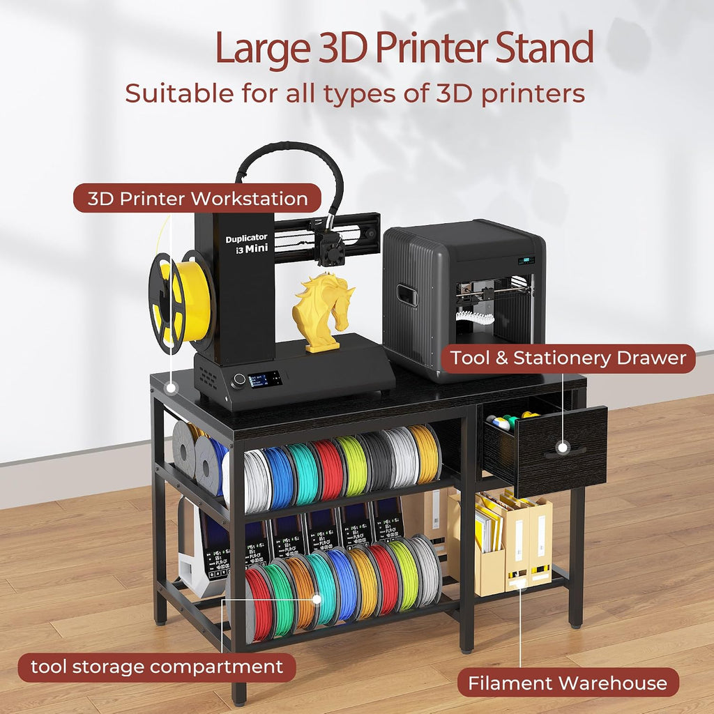 3D Printer Stand with Filament Storage – Heavy Duty Metal 3D Printer Table with Drawer and Power Hub for Workshop, Studio, and Office