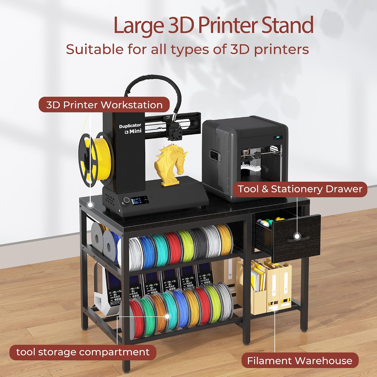 3D Printer Stand with Filament Storage – Heavy Duty Metal 3D Printer Table with Drawer and Power Hub for Workshop, Studio, and Office