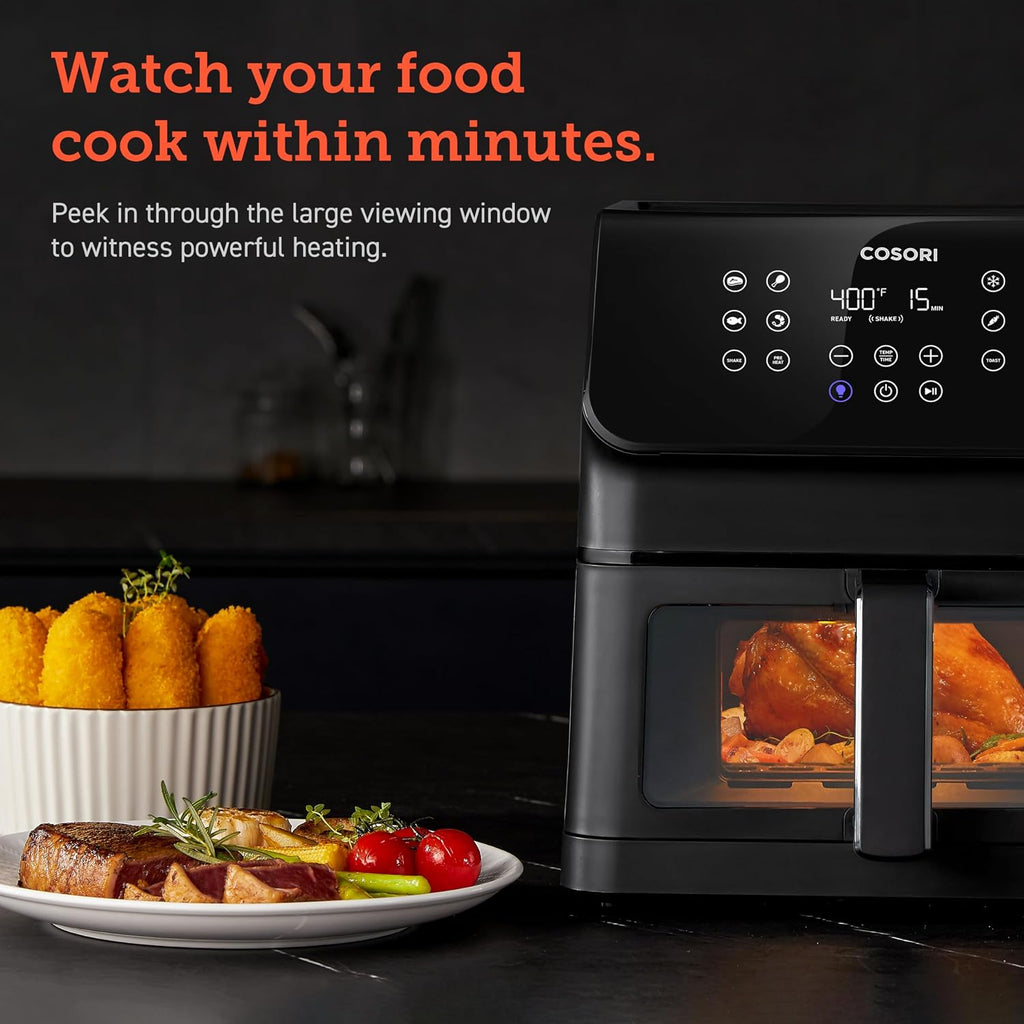 Cosori Clear Window Air Fryer, 6.5 Quart Large Compact Airfryer, 12 One-Touch Savable Custom Functions, Cookbooks and Online Recipes, Nonstick and Dishwasher-Safe