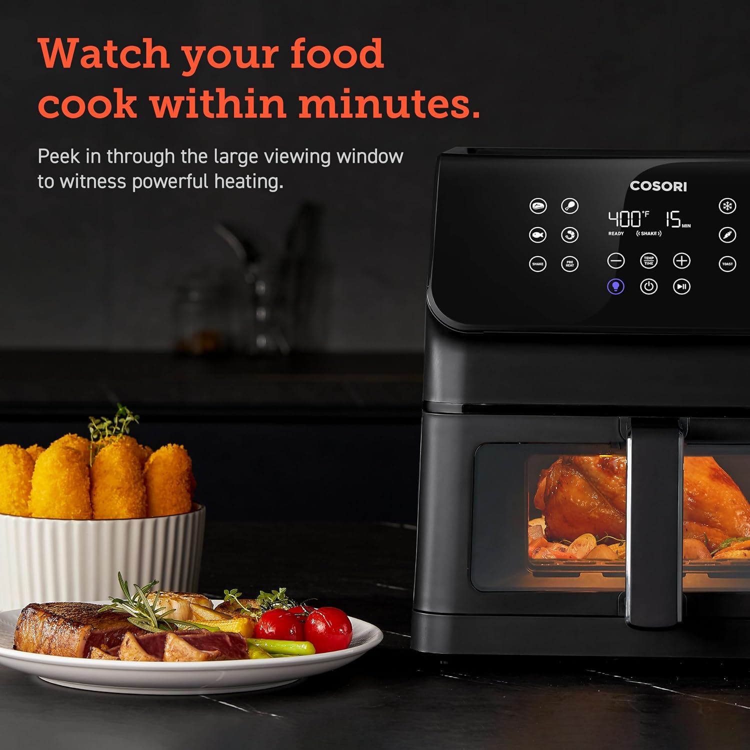 Cosori Clear Window Air Fryer, 6.5 Quart Large Compact Airfryer, 12 One-Touch Savable Custom Functions, Cookbooks and Online Recipes, Nonstick and Dishwasher-Safe