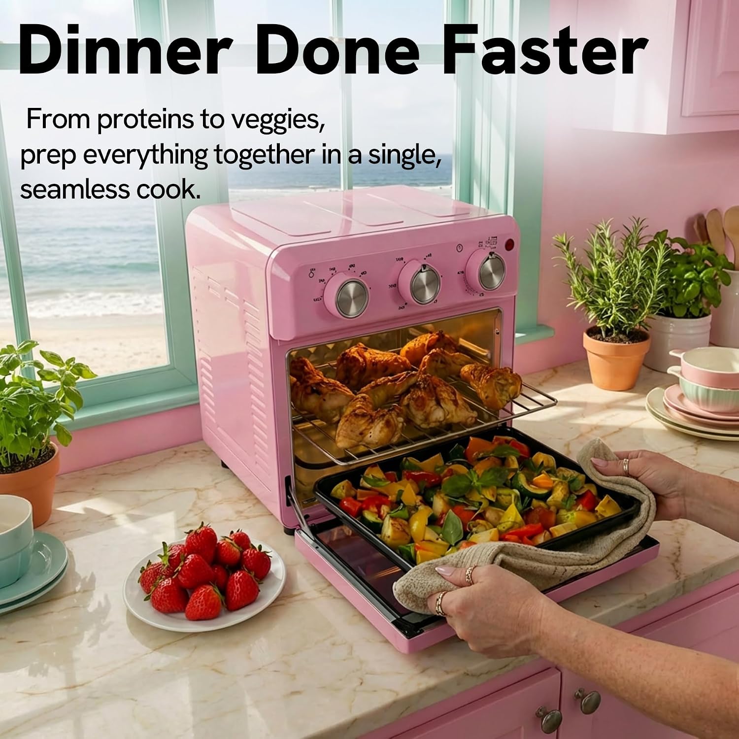 VAL CUCINA 6-in-1 Air Fryer Toaster Oven Combo, Compact 12.7 QT Small Countertop Convection Oven, Fits 9' Pizza & 4 Toast, Hexagon Hybrid Heating, Enamel Baking Pan