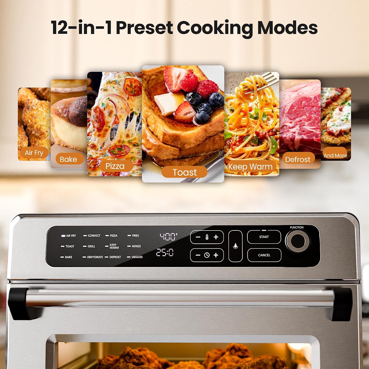Kismile 25QT Air Fryer Toaster Oven Combo, 12-in-1 Countertop Convection Airfryer Oven, Adjustable 70–450℉ Temperature, Bake, Reheat & Broil, Fits 12″ Pizza, Complete Accessories Included, Silver