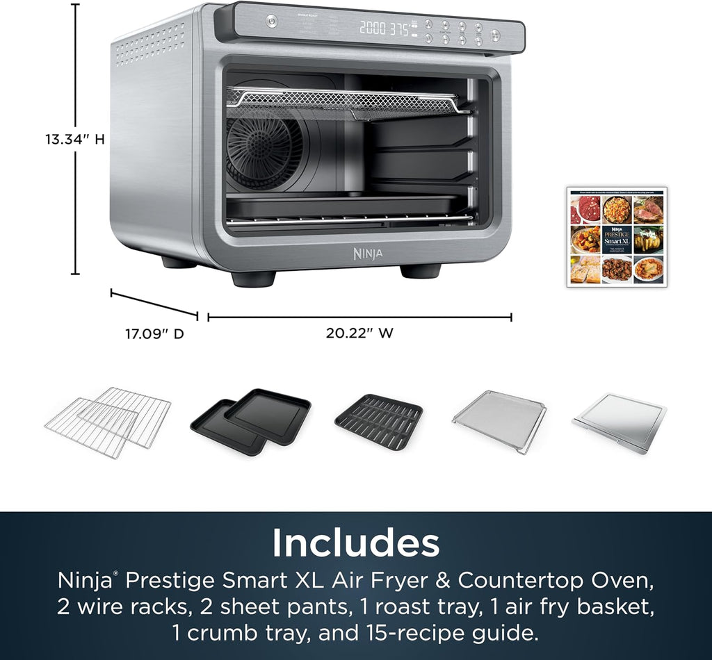 Ninja Air Fryer & Toaster Oven | Prestige Smart XL Countertop Oven | Bakes up to 20 Cookies, Fits up to a 12lb Turkey | Pizza, Toast, Bake, Air Fry & Reheat | 1800 Watts | Stainless Steel | DT501 (Renewed)