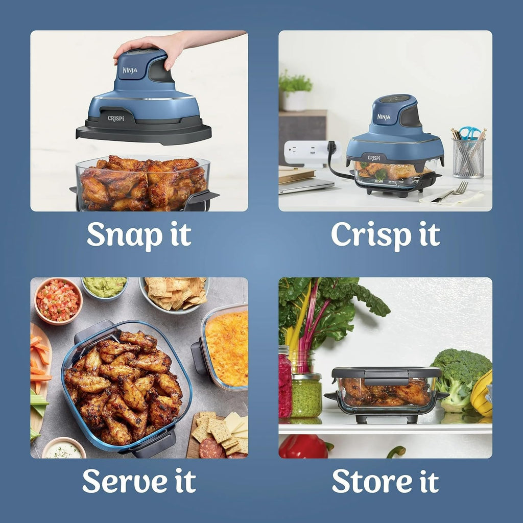 Ninja FN100ND Crispi Air Fryer, Microwave, Freezer & Dishwasher Safe, Non Toxic Glass Portable Cooking System, 4 QT & 5 Cup Glass Containers with Storage Lids, Easy Meals, Blue (Renewed)