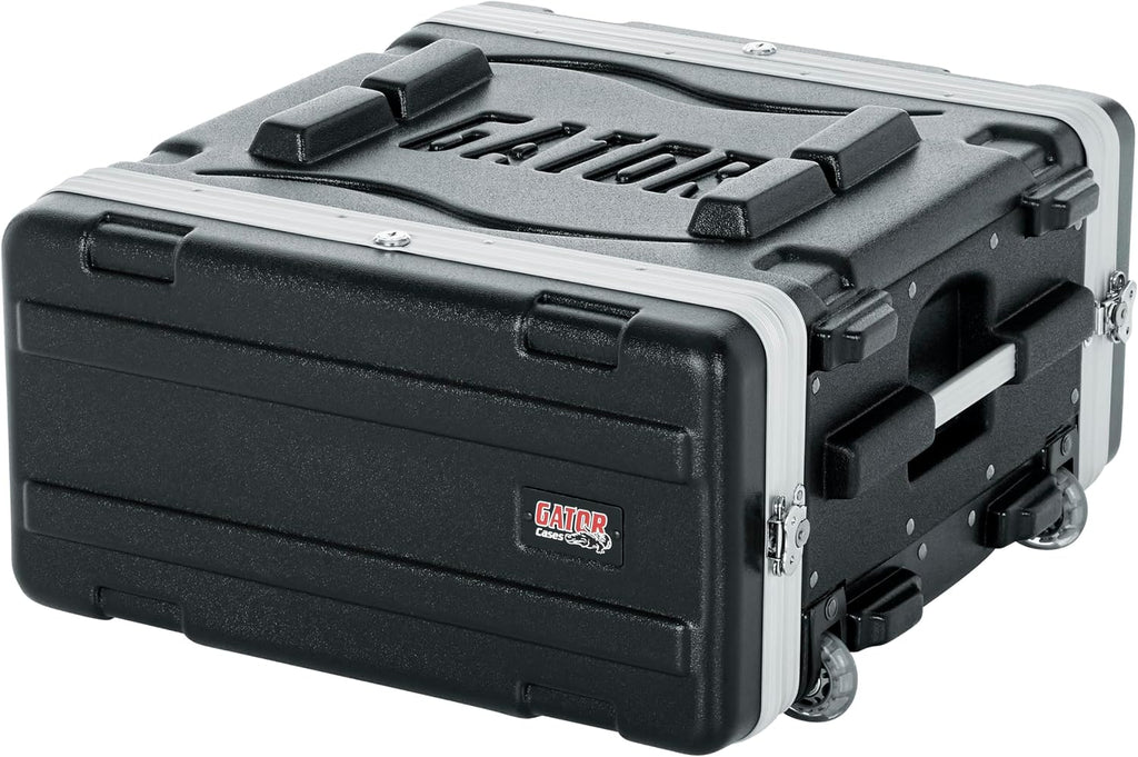 Gator Cases Lightweight Molded 4U Rack Case with Built-in Power Supply, Heavy Duty Latches, Retractable Tow Handle, and Recessed Wheels, 19.25' depth (GRR-4PL-US)