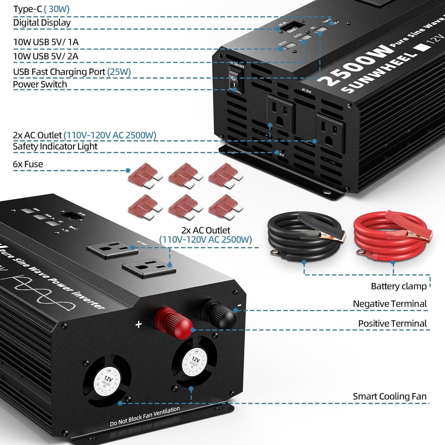 SUNWHEEL 2500W Pure Sine Wave Inverter, 12V DC to 110V/120V AC Power Inverter for RV、Off Grid、Refrigerator with 4 AC outlets and LCD Display