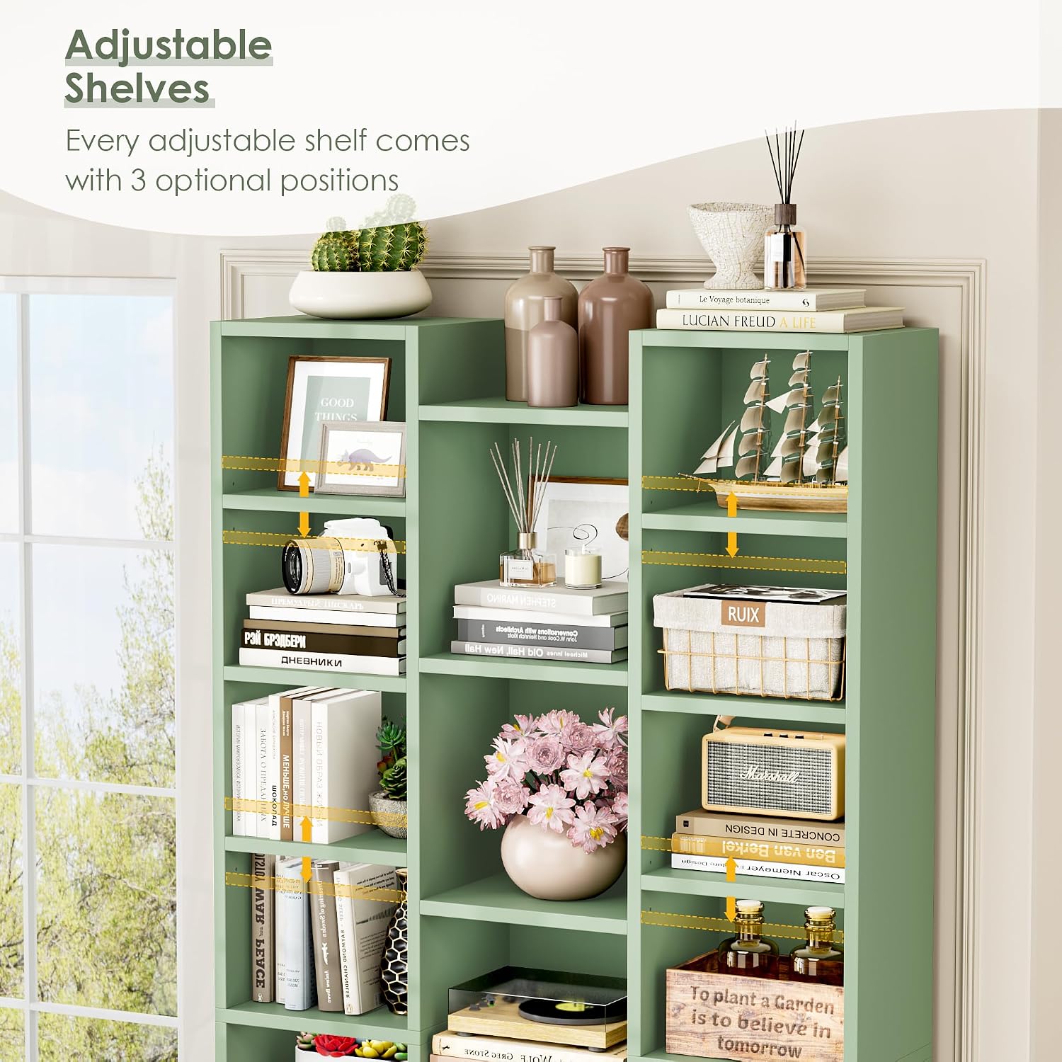 FOTOSOK 71'' Tall Bookshelf with 21 Cubes, 8 Tier Triple Wide Bookshelf with 8 Adjustable Shelves, 35' Large Bookcase DVD/CD Media Tower Storage, Freestanding Display Shelf Cabinet, Green