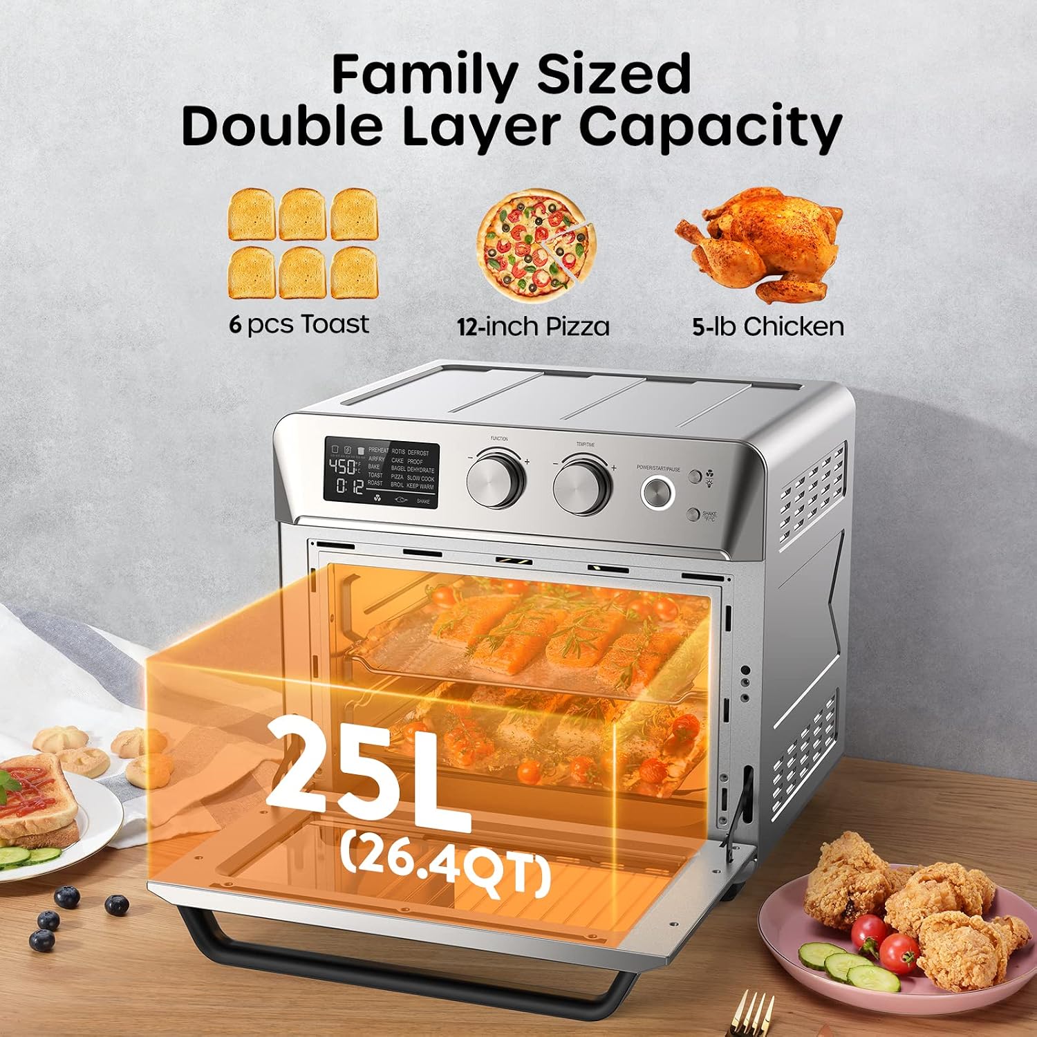 ECOWELL Air Fryer 26.4QT Chicken Fryer, 15-in-1 Air Fry/Roast/Bake/Dehydrate/Broil/Reheat, Precision 150-450°F Heating, 85% Less Oil Healthier Cooking, Dishwasher-Safe Basket & Plate for Home