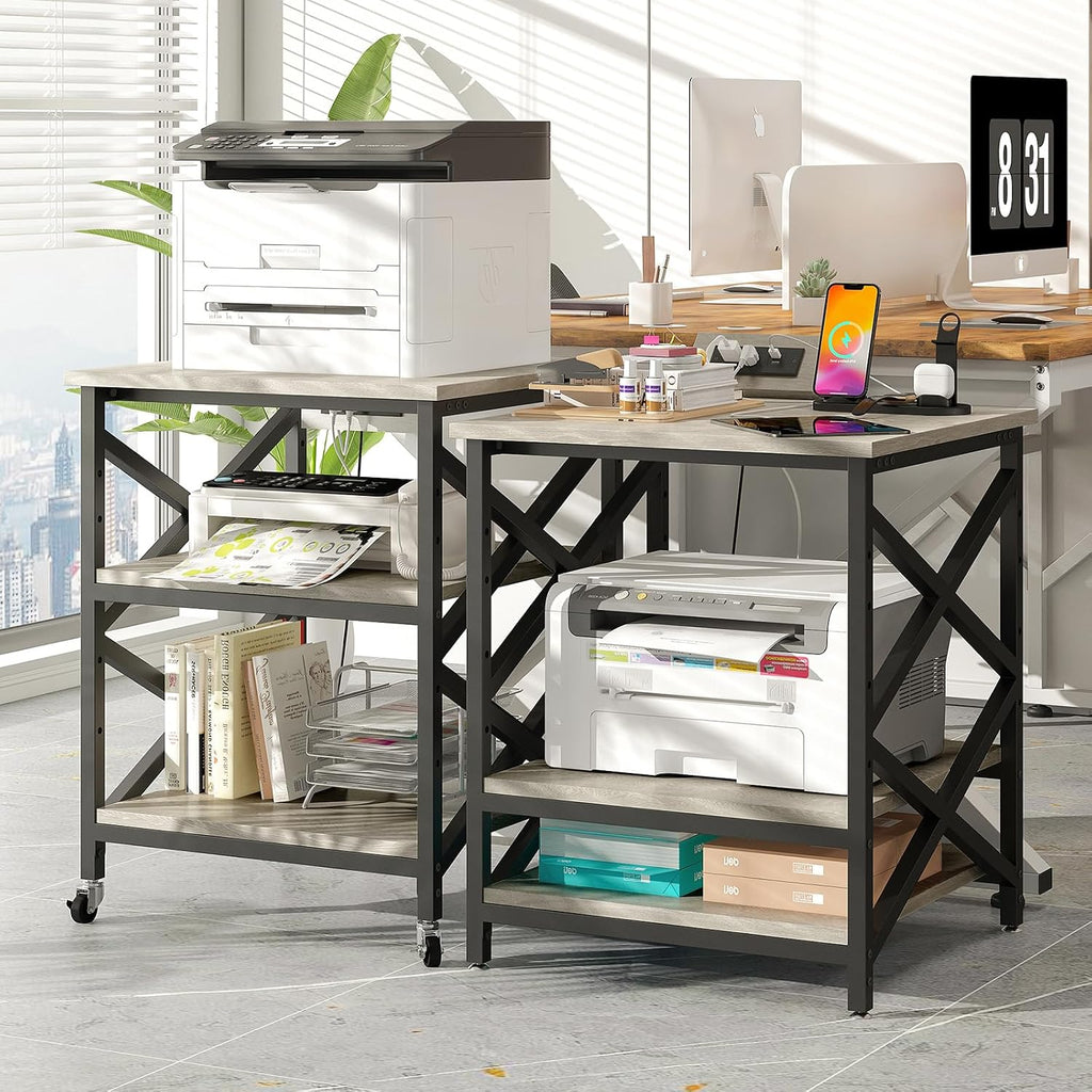 METYERRY Large Printer Stand with Power Outlet, with Height Adjustable Storage Shelf, 3 Tier Rolling Printer Cart with Industrial Wheels, 23.6 x 23.6 Inches Printer Table for Home Office, Greige