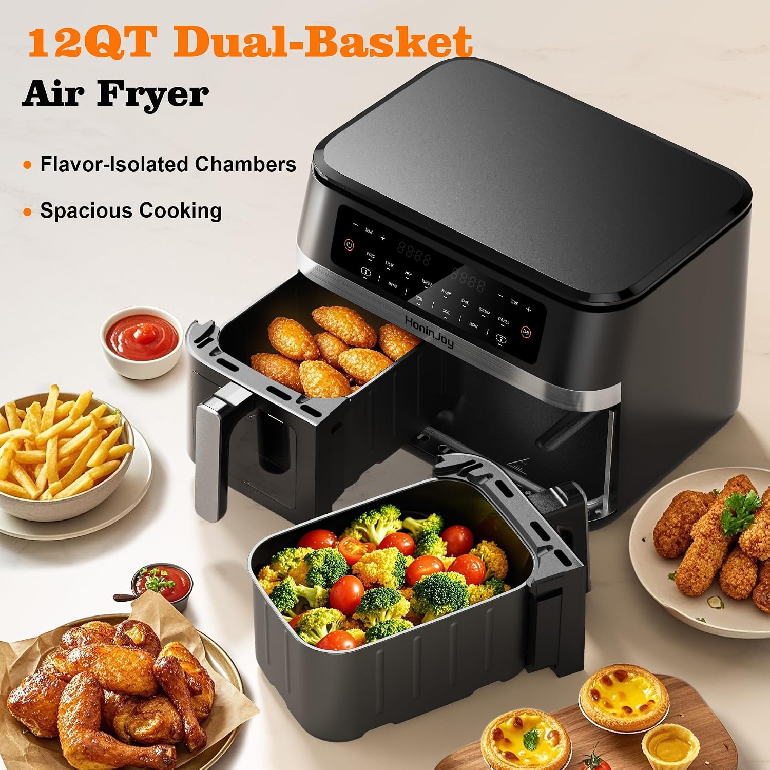 12QT Large Dual Basket Air Fryer with Viewing Window and 50pcs Paper Liners, 10-in-1 Digital Touchscreen Double Zone Air Fryers, SyncCook to Bake,Roast,Reheat,Broil, Nonstick Dishwasher Safe