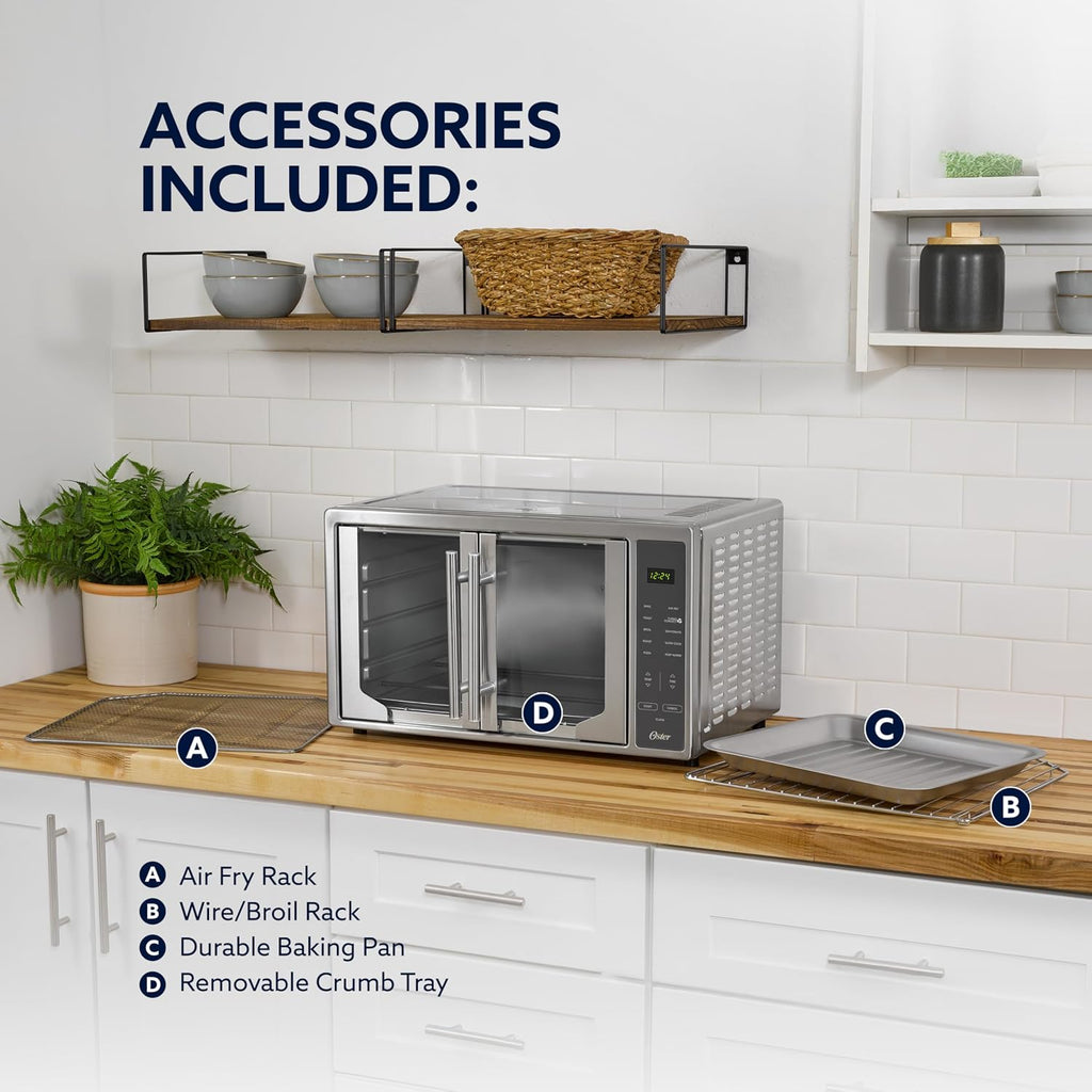Oster Extra Large 42L French Door Countertop Toaster Oven, 10-in-1 Air Fryer Oven, with Air Fry Rack, Wire Rack, Baking Pan and Crumb Tray, Stainless Steel