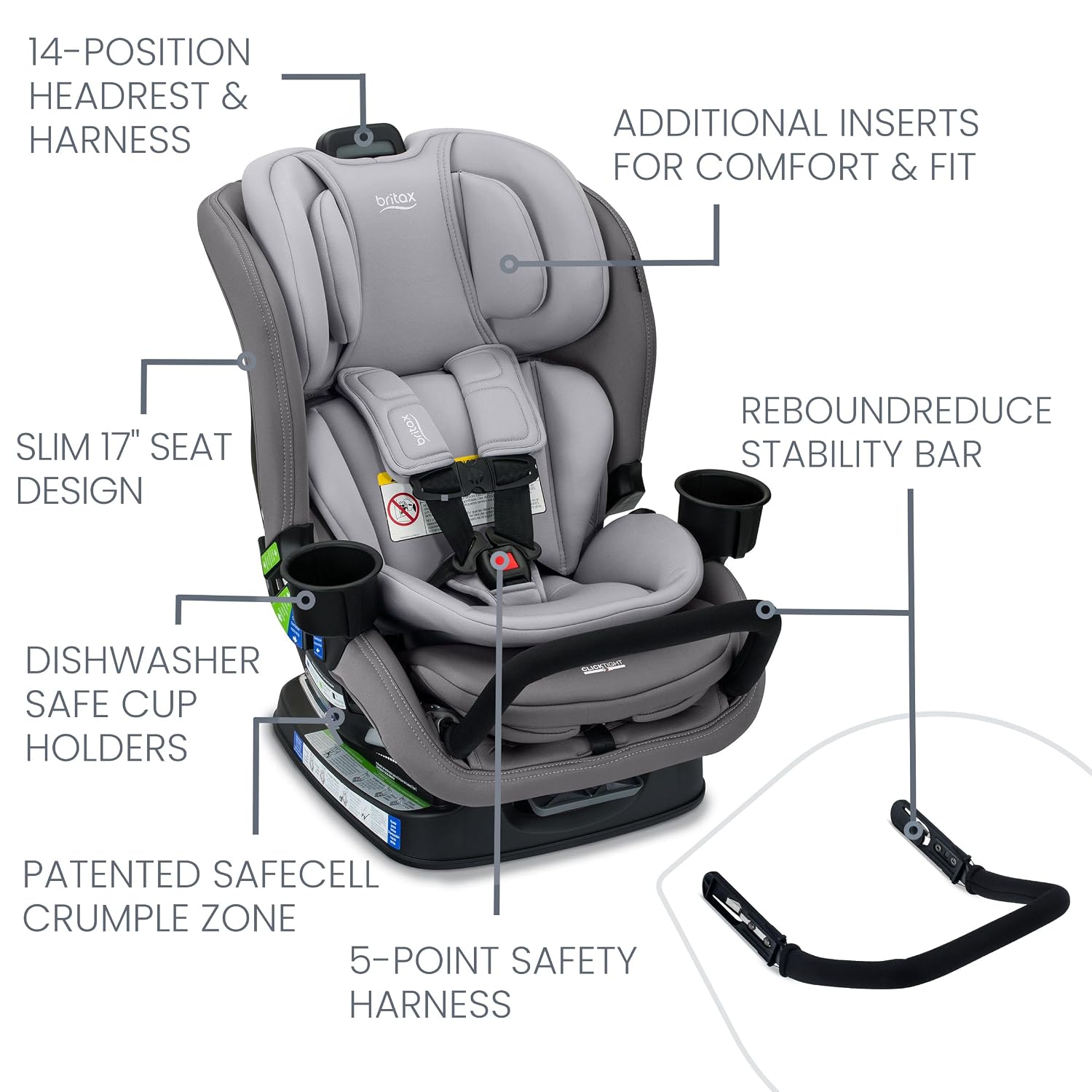 Britax Poplar S Convertible Car Seat, 2-in-1 Car Seat Extended Rear Facing, 17' Slim Car Seat Design with Fast & Easy ClickTight Installation, Anti-Rebound Bar & SafeWash Fabrics — Glacier Graphite