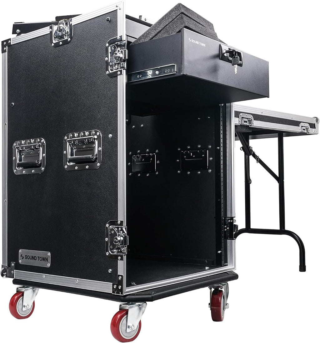 Sound Town Heavy-Duty 1/2' (12mm) Plywood 16U PA DJ Pro Audio Rack/Road ATA Case with 11U Slant Mixer Top, Locking Drawer, Side Table, 20'' Rackable Depth and Casters (STMR-16TD3)