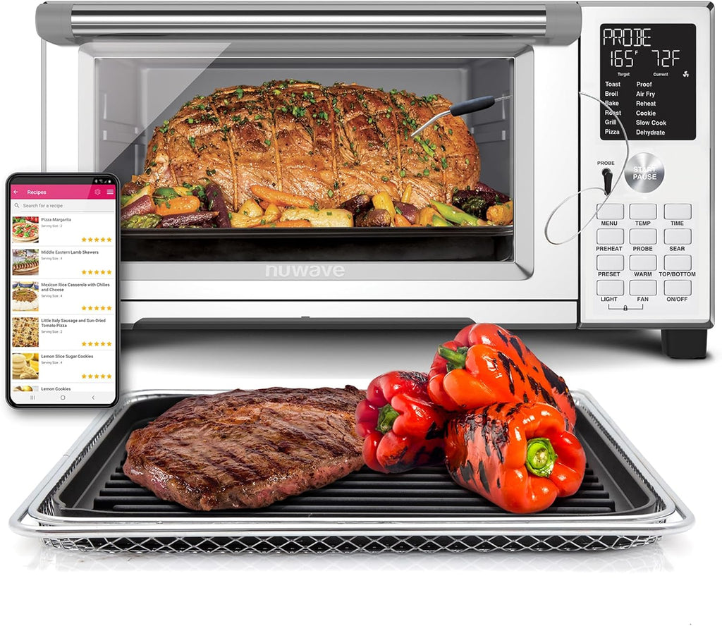 Nuwave Bravo Air Fryer Convection Oven Countertop, 100-in-1 Smart Grill Combo,10 Toaster Settings, Finer Control of 5 Heaters & 3 Fan Speed, 50-500°F, Smart Thermometer, Stainless Steel, PFAS Free