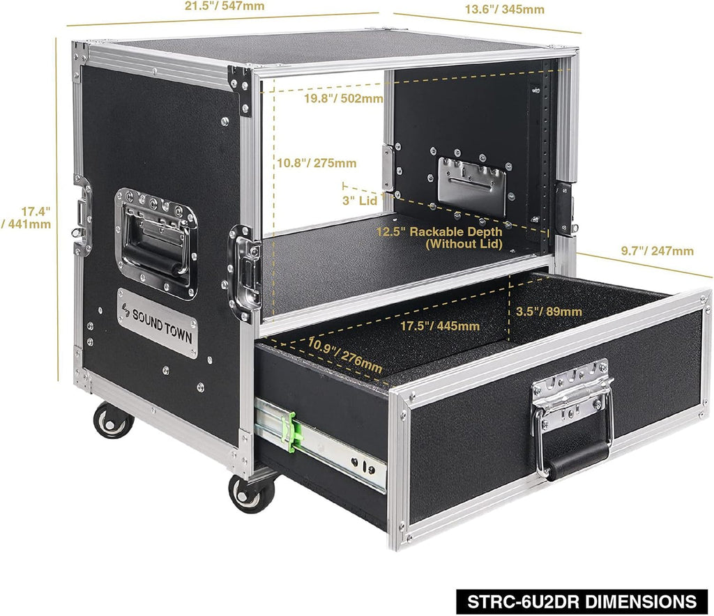 Sound Town 6U Rack Case with 2U Rack Drawer, Casters, for 19' Amps, Mixers, Microphone Receivers (STRC-6U2DR)