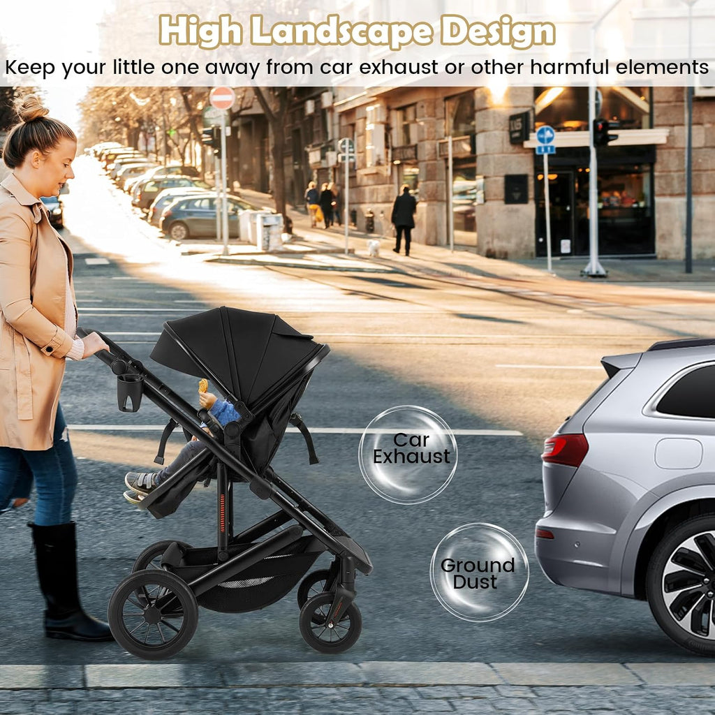 BABY JOY 2 in 1 Convertible Baby Stroller, High Landscape with Bassinet Mode, Reversible Seat, Adjustable Canopy, Cup Holder, Diaper Bag, Foldable Infant Newborn Pram Stroller for 0-36 Months (Black)