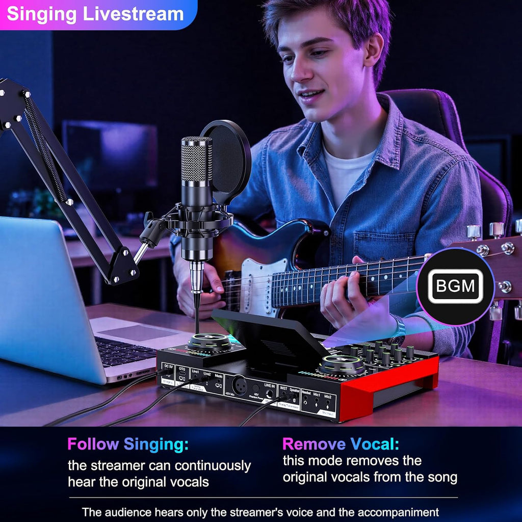 Podcast Equipment Bundle with 3.5mm BM800 Condenser Microphone for Pc/Phone Live Streaming Singing Gaming, Podcast Microphone Bundle with Live Sound Board Audio Mixer,Voice Changer, Denoise,DJ Sets
