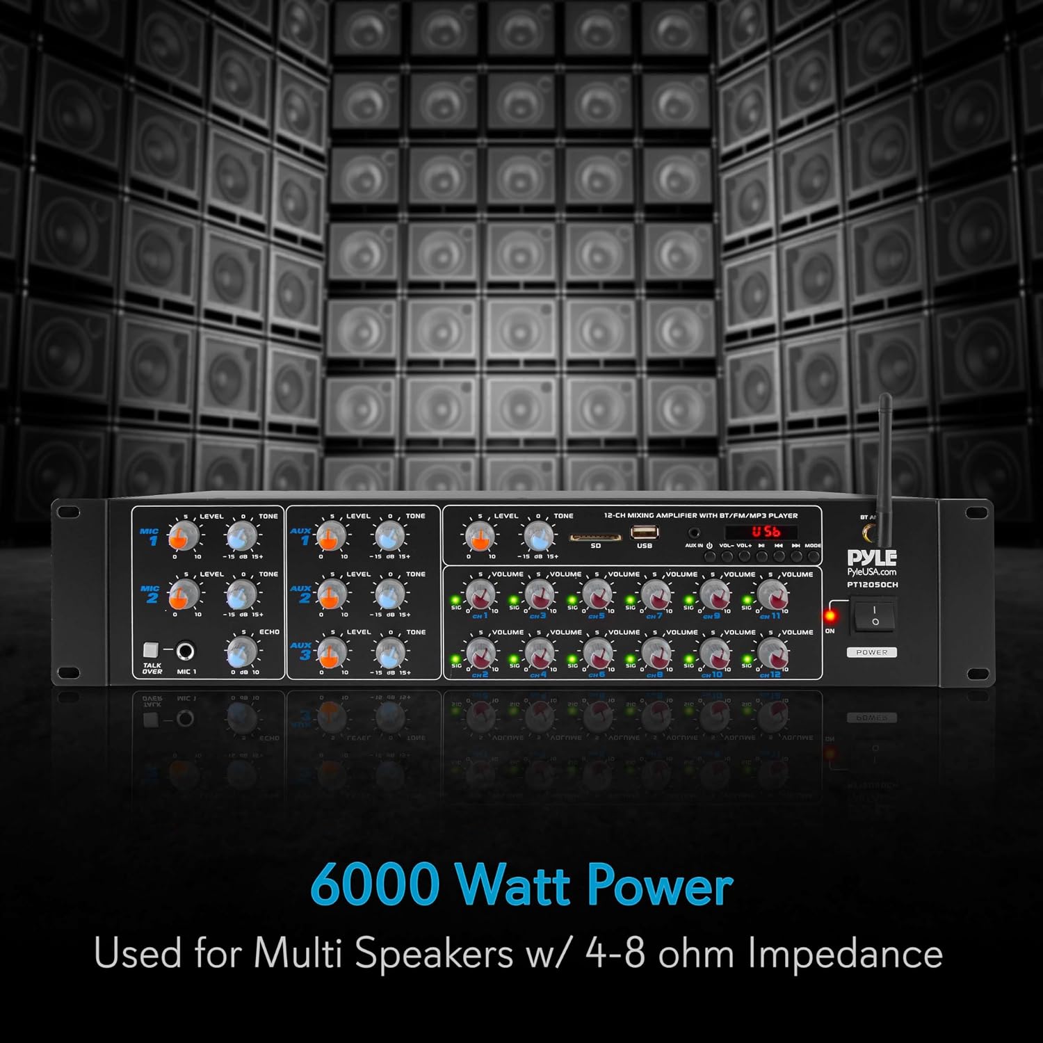 Pyle 8-Channel Wireless Bluetooth Power Amplifier - 4000W Rack Mount Multi Zone Sound Mixer Audio Home Stereo Receiver Box System w/ RCA, USB, AUX - For Speaker, PA, Theater, Studio/Stage - PT8050CH