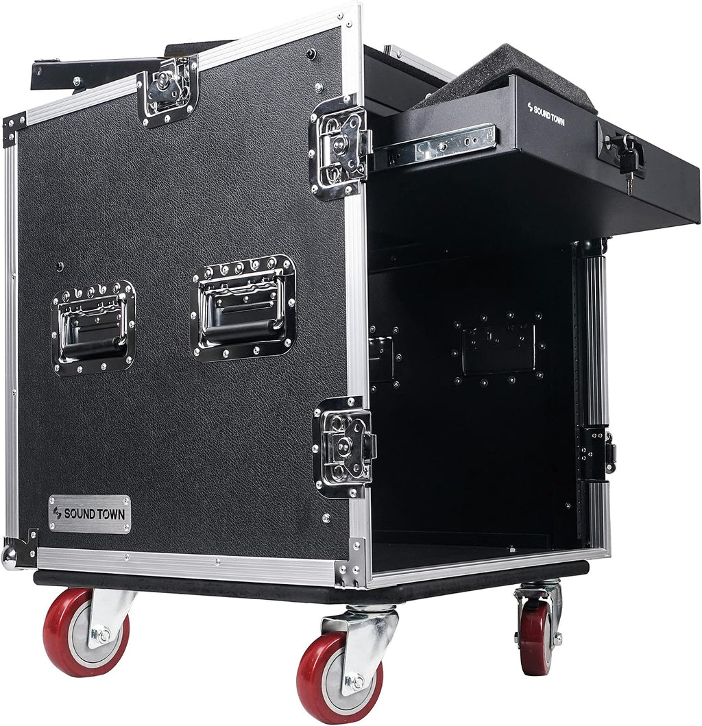 Sound Town High-Quality 1/2' (12mm) Plywood 12U PA DJ Pro Audio Rack/Road ATA Case with 12U Slant Mixer Top, Locking Drawer, 20.2'' Rackable Depth and Casters (STMR-12D2)