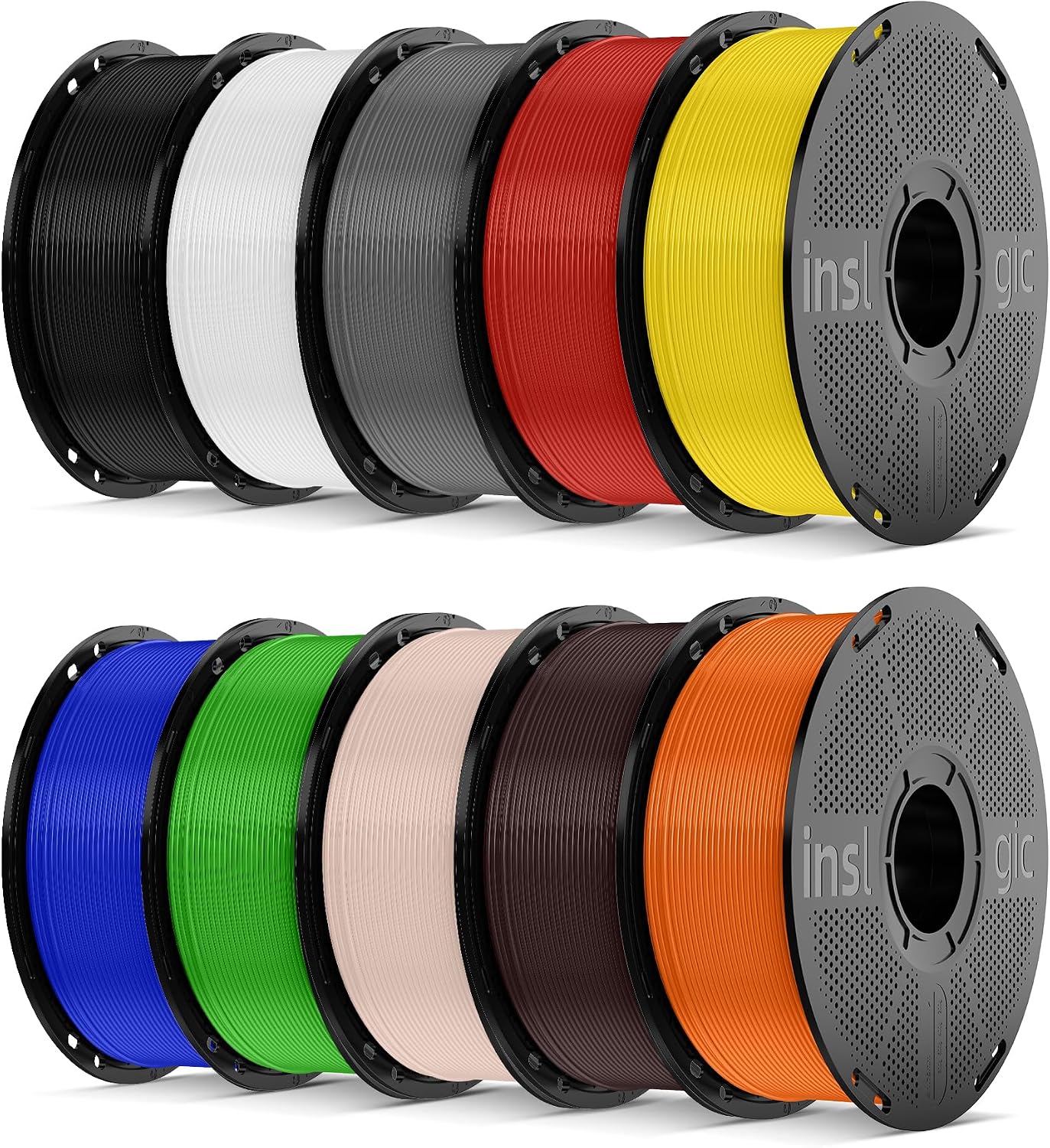 Inslogic Pre-Dried 10kg PLA Pro 3D Printer Filament Bundle, Strong & Tough PLA Pro Filament 1.75mm ±0.02mm, Reusable Spool, 10 Colors, 10kg Total, 10×1kg
