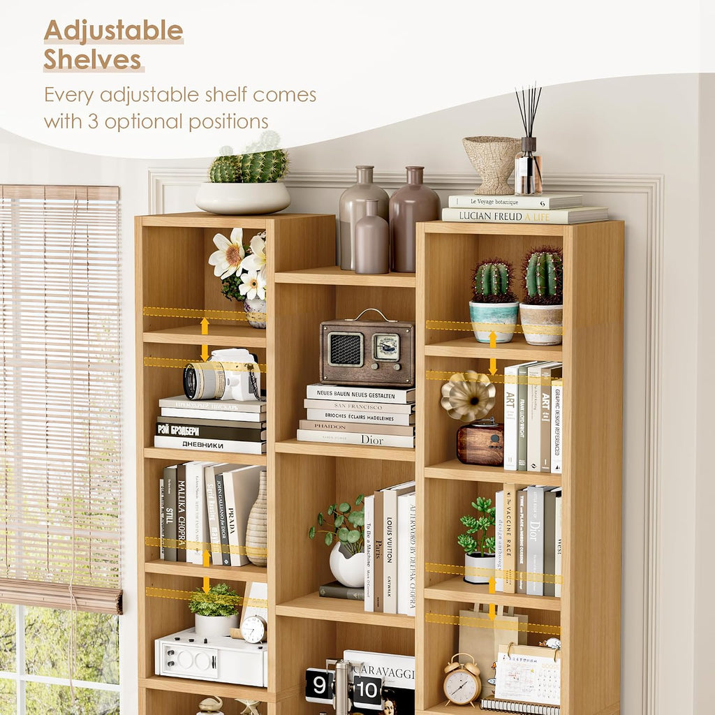 FOTOSOK 71'' Tall Bookshelf with 21 Cubes, 8 Tier Triple Wide Bookshelf with 8 Adjustable Shelves, 35' Wood Bookcase DVD/CD Media Tower Storage, Freestanding Display Shelf Cabinet, Natural