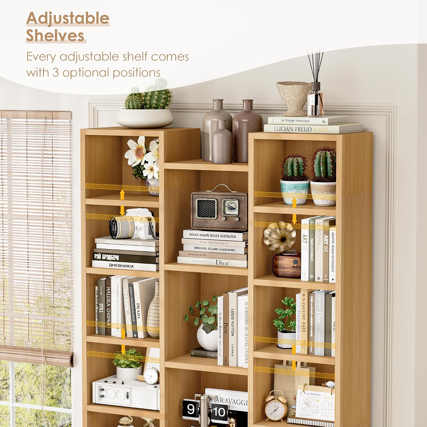 FOTOSOK 71'' Tall Bookshelf with 21 Cubes, 8 Tier Triple Wide Bookshelf with 8 Adjustable Shelves, 35' Wood Bookcase DVD/CD Media Tower Storage, Freestanding Display Shelf Cabinet, Natural