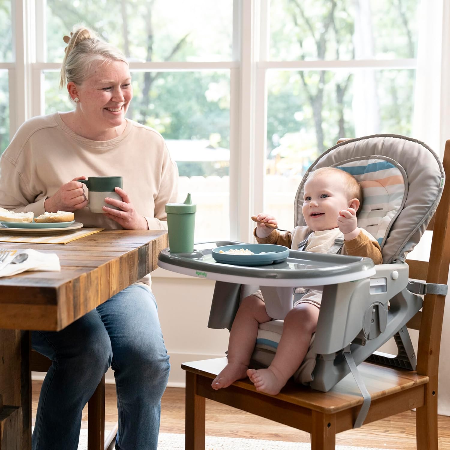 Ingenuity Proper Positioner Create Up Baby High Chair, 9 Modes of Use, Toddler Tower, Table and Chair, Foldable, Adjustable Footrest, 90 Degree Posture Aids Digestion, Ages 0-5 Years - Soulful Skies