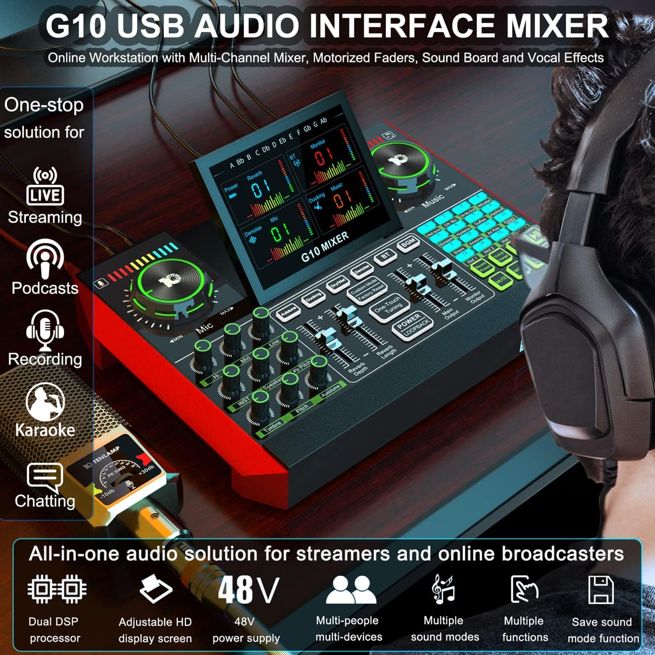 Podcast Microphone Bundle for Live Streaming, Sound Card Audio Interface Mixer w 3.5mm Condenser Mic for Broad Casting with Voice Changer Denoise, Podcast Equipment Bundle for PC/Phone Gaming Singing