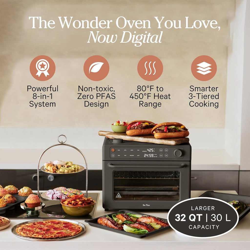 Our Place Wonder Oven Pro | 8-in-1 Digital Air Fryer & Countertop Oven with Basket, Rack, Pan & Tray | 3-Rack, 32 QT Capacity - Air Fry, Toast, Roast, Bake, Reheat, Broil, Proof & Dehydrate | Char