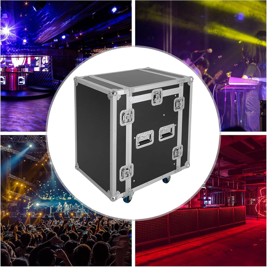 10U PA DJ Rack/Road ATA Case, Network & Stereo Rack with Slant Mixer Tops, 25'' Depth DJ Work Table Rolling Studio Equipment Cabinet, Amplifier Mixer Storage Stand for Pro Tour Grade, Live Sound