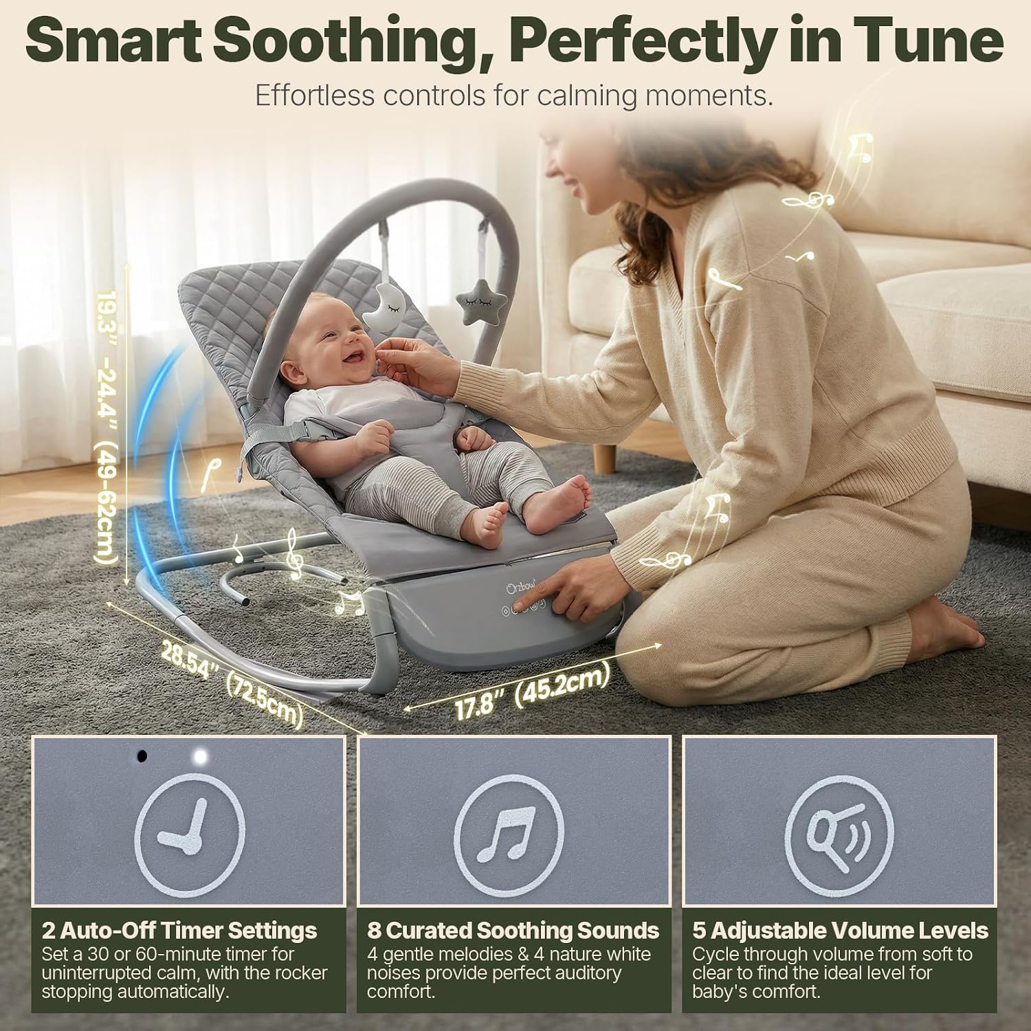 Orzbow Electric Baby Rocker with Innovative Auto Rocking Motion, Adaptable 3-Speed, Smart Tap Sensing, Soothing Sounds, and 3 Recline Positions, 2-in-1 Automatic Baby Rocker Chair, Grey