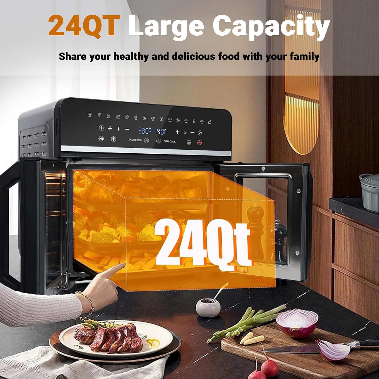 24Qt Large Air Fryer Toaster Oven Combo - Double Door Airfryer, 15 Cooking Function Touchscreen Dual Zone Independent Control Electric Oven, Stainless Steel Air Fryers Oven w 13 Accessories & Cookbook